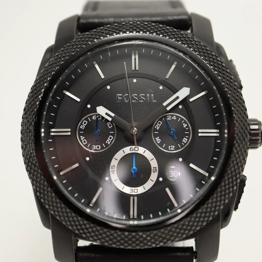 Fossil Machine Chronograph Mens Black 45mm Watch Leather FS4487 w New Battery